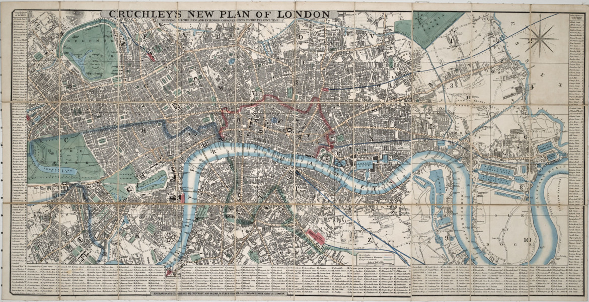 Mapa papierowa, składana, kolorowa w układzie poziomym. U góry napis: Cruchleys New Plan Of London. U dołu i po bokach margines wypełniony nazwami ulic..