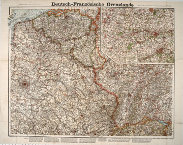 Mapa składana, kolorowa. Prezentuje pogranicze niemiecko-francuskie w Alzacji i Lotaryngii oraz terytoria Belgii i Luksemburga. U góry widoczny napis: Deutsch-Französische Grenzlande