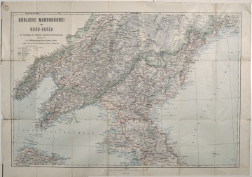 Mapa papierowa, składana, kolorowa. W lewym górnym rogu legenda i napis: Südliche Mandschurei mit Nord-Korea