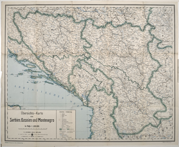 Mapa papierowa, składana, kolorowa. W lewym dolnym rogu legenda i napis: Übersichts – Karte Serbien, Bosnien und Montenegro