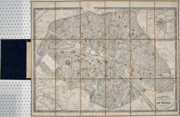Plan Paryża. Mapa składana. Widoczne 18 pól. W prawym dolnym rogu dekoracyjny napis: Galignani's Plan Of Paris and environs.
