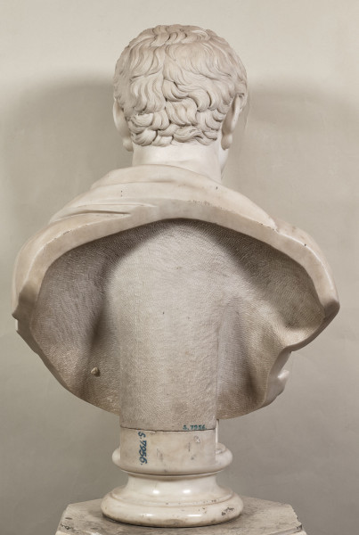 Marmurowe popiersie Waleriana Stroynowskiego z nagim torsem i draperią przełożoną przez lewe ramię.  Tył