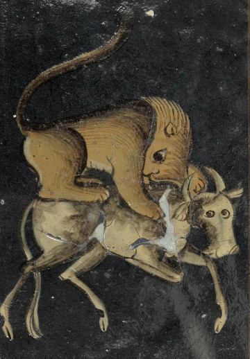 detal - scena: lew walczący z bykiem.
