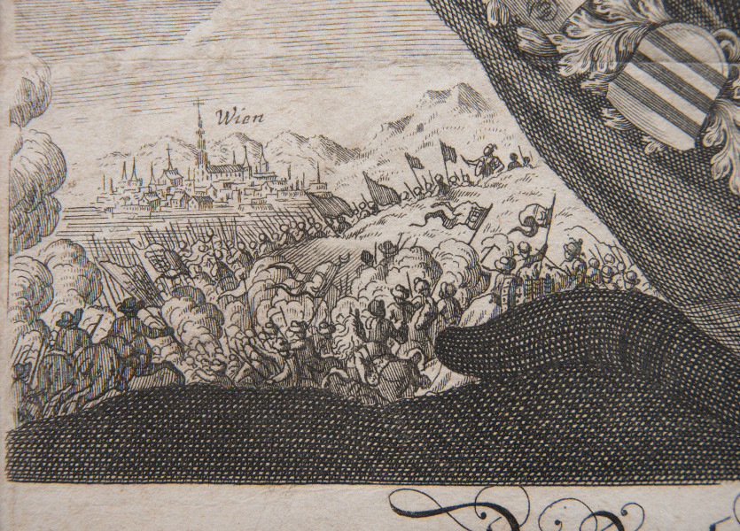 fragment lica -  panorama Wiednia i widok wojsk
