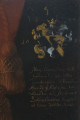 fragment lica obrazu - herb (z przedstawieniem czarno-białego rumaka na wspiętych nogach, w zwieńczeniu korona), nad nim data 1644, poniżej łaciński napis
