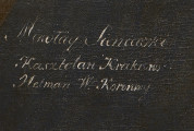 fragment lica obrazu - napis kursywą białą farbą: Mikołaj Sieniawski Kasztelan Hetman W. Koronny