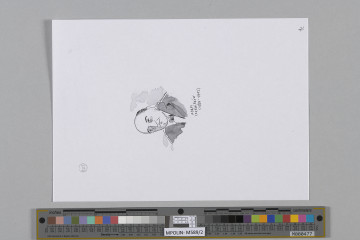 Ujęcie lica. Portret (popiersie) mężczyzny: rysunek tuszem podmalowany szarymi akwarelami. Lewy półprofil, widoczne lewe ucho; twarz poważna, z cieniami oznaczonymi plamami.