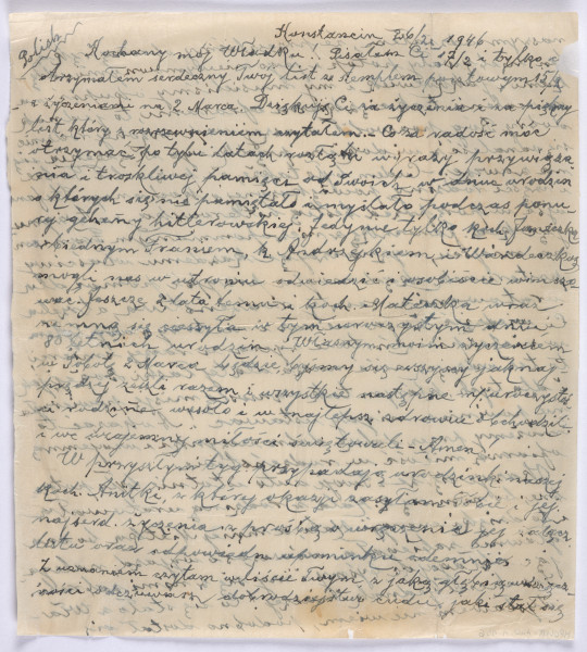 Ujęcie awersu. 1 karta. List 2-kartowy. Wszystkie strony zapisane. Papier tzw. czysty.