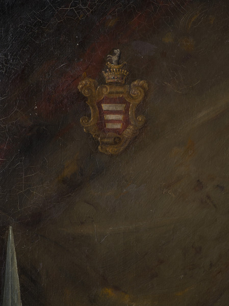 tarcza herbowa Korczak pod koroną hrabiowską w lewym górnym rogu lica obrazu