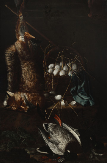 Na ciemnym tle koło wysokiego pełnego jajek koszyka, wisi powieszony na drągu głową w dół zabity lis. Poniżej leży zabity kaczor krzyżówki. Przez brzeg kosza przerzucony kawałek niebieskiej tkaniny.