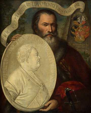 Na tle pejzażowym portret mężczyzny ze szpakowymi włosami zaczesanymi do tyłu oraz z siwymi wąsami i brodą. Ubrany w ciemnoczerwony płaszcz (delia) z futrzanym kołnierzem. W rękach trzyma wielki, owalny medalion en grisaille, na którym przedstawione jest popiersie profilem Augusta III.