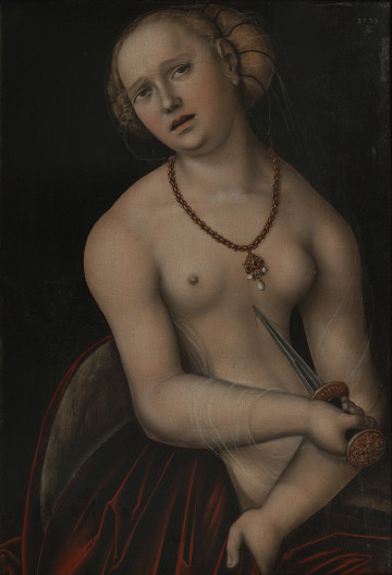 Na ciemnym tle młoda, jasnowłosa, obnażona kobieta, zwrócona lekko w prawo z głową 3/4 w lewo. Na szyi nosi złoty łańcuch z klejnotem wykończonym kamieniami i trzema perłami. W lewej ręce trzyma sztylet skierowany w stronę piersi, prawą ujmuje fałdy czerwonej draperii osłaniającej biodra.