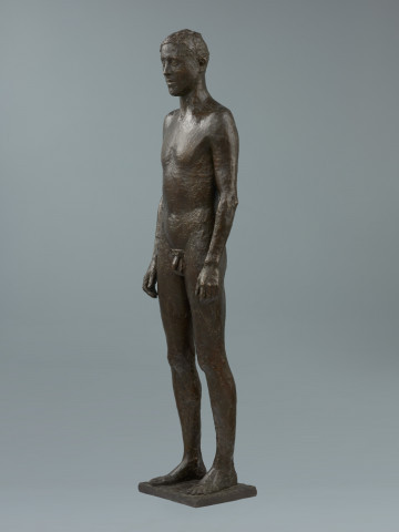 akt męski - Ujęcie z lewej strony skosem do przodu; Rzeźba z brązu przedstawiająca nagiego, młodego, szczupłego mężczyznę, stojącego twarzą do widza z rękami wzdłuż ciała.