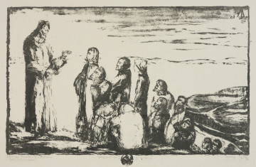 Ujęcie z przodu. Scena ukazuje Jezusa stojącego na szczycie góry, wygłaszającego kazanie do grupy ludzi stojących poniżej, na zboczu.