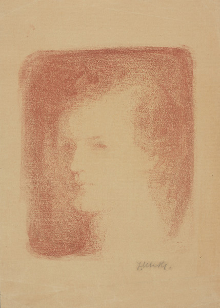 grafika: portret - Ujęcie z przodu. Na arkuszu beżowego papieru w układzie pionowym studium portretowe w sepii głowy młodej kobiety wyłaniającej się z ciemnego tła, w ujęciu 3/4 z lewej.