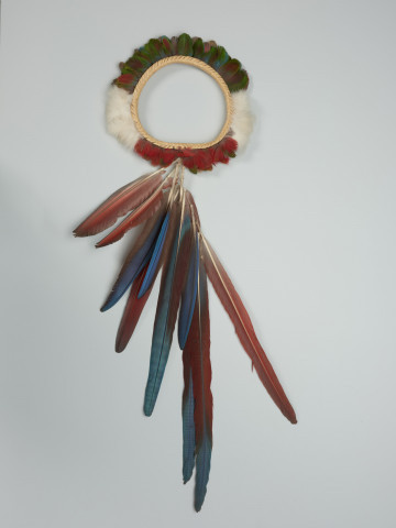 przedmiot ceremonialny, insygnium, korona - Ujęcie z góry przodu korony. Koronę wykonano z różnokolorowych ptasich piór. W dolnej części zdobi ją ogon składający się z wielu, długich, niebiesko-czerwonych piór papugi ary.