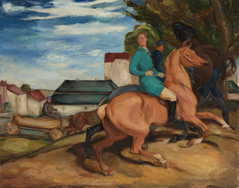 portret męski - ujęcie z przodu; Kompozycja w pejzażu, na pierwszym planie jeździec na koniu, za nim widoczny inny jeździec, za tym z kolei koń stojący na dwóch tylnych nogach. Po lewej otwiera się w głąb krajobraz: jadąca fura z woźnicą, para koni przysłonięta grupą postaci z pierwszego planu. Kompozycję z lewej zamykają nieregularne zabudowania. Niebo poprzecinane obłokami.
