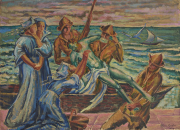 scena alegoryczna - ujęcie z przodu; Na pierwszym planie grupa postaci: w centrum ujęta diagonalnie postać topielca podtrzymywana za ramiona przez dwóch rybaków stojących w łodzi. Za nogi ujmuje go stojący na nabrzeżu, odchylony do tyłu młodzieniec po prawej. Z lewej trzy postacie kobiet w długich niebieskich sukniach: dwie stojące, jedna klęcząca z rękoma wyciągniętymi do topielca. W tle przestrzeń morza z przewagą tonów zieleni, akcenty błękitu. Horyzont na wysokości 4/5 obrazu. Niebo zasnute poziomym układem obłoczków różowych, żółtawych i szarych.