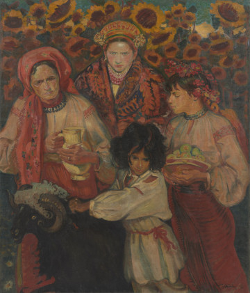 scena rodzajowa - ujęcie z przodu; Obraz przedstawia cztery postacie w strojach ludowych na tle słoneczników. Dwie zwrócone en face do widza - od lewej starsza kobieta w czerwonej chuście na głowie, o smutnej twarzy, trzymająca w rękach dzban, za nią, pośrodku kompozycji, młoda kobieta w barwnym czepku, o smutnych, uporczywie patrzących oczach i zaciętych ustach. Przed nią mały, czarnowłosy chłopiec, zwrócony w lewo, z głową odchyloną ku przodowi, ciągnący za rogi barana. Za chłopcem, po prawej ukazana z profilu, stojąca postać młodej dziewczyny w wianku z jarzębiny na głowie, trzymająca w rękach miskę pełną owoców. Kompozycja utrzymana w gorących, czystych barwach, zbudowana mocnymi pociągnięciami pędzla.
