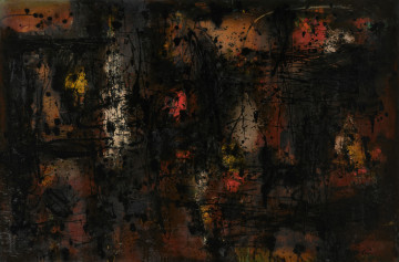 obraz - ujęcie z przodu; Na ciemnym tle swobodnie rozmieszczone niewielkie płaszczyzny koloru (żółć, biel, czerwień), na to nałożony rysunek czernią.