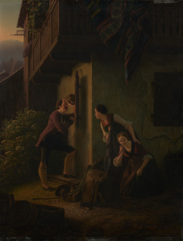 obraz - Ujęcie z przodu; Scena rodzajowa. Podsłuchiwana randka. Dwie kobiet wyglądające przy budynku na mężczyzne który romansuje z kobieta w oknie.