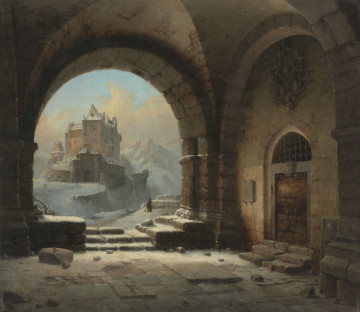 obraz - Ujęcie z przodu; Krużganki z widokiem na pejzaż zimowy z zamkiem. U dołu, z prawej strony znajduje się sygnatura: J.Boeck.
