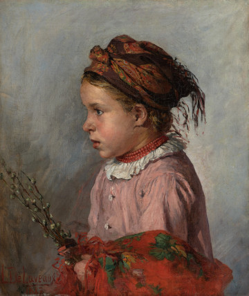 portret dziecięcy - ujęcie z przodu; Na neutralnym, szarym tle postać dziewczynki ujętej z profilu; głowa wysoko przewiązana wzorzystą chustką, czoło wypukłe, krótki nos, pełne policzki, wydatne usta; sukienka różowa, wokół szyi mała, biała falbanka, wyżej sznur ciasno zapiętych korali; na przedramionach czerwona chusta w zielony wzór; w ręku bazie.