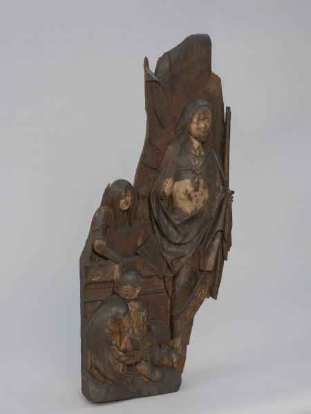 kwatera ołtarza, płaskorzeźba - Ujęcie ze skosu; Płaskorzeźba przedstawiająca Chrystusa zmartwychpowstającego z grobu. Kwatera prawego skrzydła, późnogotyckiego ołtarza pasyjnego z Wkryujścia (Ueckermünde).