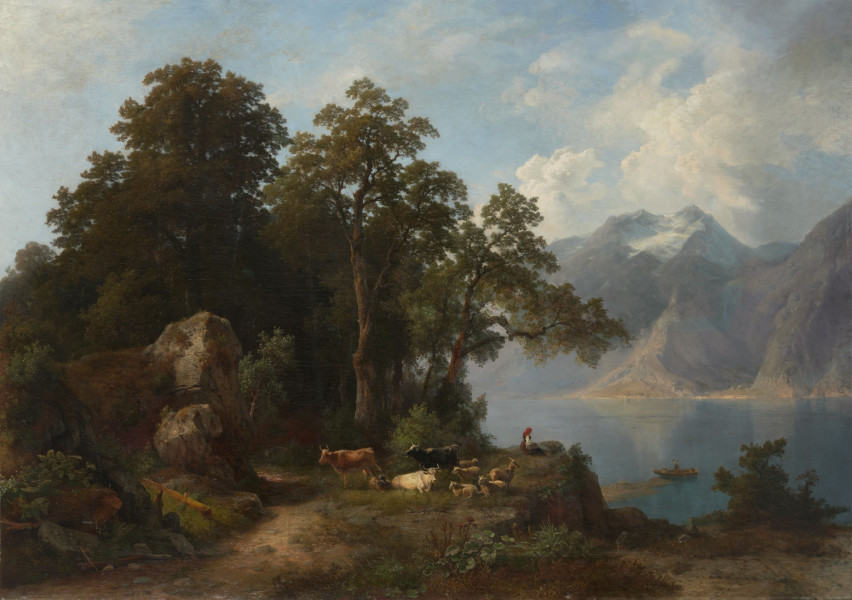 Pejzaż górski - Ujęcie z przodu; Obraz przedstawia krajobraz u podnóża Alp, z widokiem na jezioro. Znaczną partię obrazu zajmuje wysoki brzeg jeziora porośnięty gęstymi drzewami, z niewielką łąką, na której pasą się zwierzęta. Pasterka siedząca na skraju brzegu zdaje się kontemplować widok, który otwiera się z prawej strony obrazu, gdzie ukazane jest jezioro otoczone pasmem stromych gór, z chmurnym niebem powyżej.