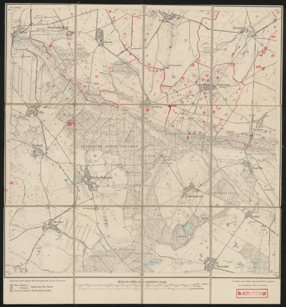 Mapa drukowana 857 Sieden-Bollentin I - Ujęcie z przodu; Mapę 857 Sieden-Bollentin I opracowano w 1883, wydano w 1884, a dodrukowano w 1911 roku. Obejmuje obszar w pobliżu miejscowości Sieden-Bollentin, Kreis Demmin, Reg. Bez. Stettin, Prov. Pommern, dziś Kreis Mecklenburgische Seenplatte, Bundesland Mecklenburg-Vorpommern, Niemcy. Jest jednym z dwóch zachowanych egzemplarzy arkusza przedwojennej mapy topograficznej oznaczonego godłem 857, zawierającym dane o lokalizacji obiektów i ich nazw w zasobie archiwalnym Flurnamen Sammlung. Na drukowanej mapie ręcznie naniesiono warstwę z numeracją obiektów fizjograficznych odnoszących się do miejscowości: Neuendorf B, Iven, Dennin, Japenzin, Rehberg, Rebelow.