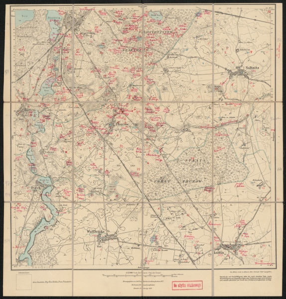 Mapa drukowana 974 Thurow I - Ujęcie z przodu; Mapę 974 Thurow I opracowano i wydano w 1877, a dodrukowano w 1929 roku. Obejmuje obszar w pobliżu miejscowości Thurow, Kreis Neustettin, Reg. Bez. Köslin, Prov. Pommern, dziś Turowo, pow. szczecinecki, woj. zachodniopomorskie, Polska. Jest jedynym egzemplarzem arkusza przedwojennej mapy topograficznej oznaczonego godłem 974, zawierającym dane o lokalizacji obiektów i ich nazw w zasobie archiwalnym Flurnamen Sammlung. Na drukowanej mapie ręcznie naniesiono warstwę z numeracją obiektów fizjograficznych odnoszących się do miejscowości: Neustettin, dziś Szczecinek; Soltnitz, dziś Żółtnica; Hütten, dziś Sitno; Thurow; Dieck, dziś Dziki; Wulflatzke, dziś Wilcze Laski; Lottin, dziś Lotyń.