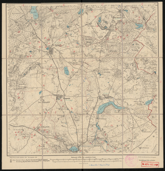 Mapa drukowana1248 Gr. Spiegel II - Ujęcie z przodu; Mapę 1248 Gr. Spiegel II opracowano w 1876, wydano w 1878, a dodrukowano w 1909 roku. Obejmuje obszar w pobliżu miejscowości Gr. Spiegel, Kreis Dramburg, Reg. Bez. Köslin, Prov. Pommern, dziś Poźrzadło Wielkie, pow. drawski, woj. zachodniopomorskie, Polska. Jest jedynym zachowanym egzemplarzem arkusza przedwojennej mapy topograficznej oznaczonego godłem 1248, zawierającym dane o lokalizacji obiektów i ich nazw w zasobie archiwalnym Flurnamen Sammlung. Na drukowanej mapie ręcznie naniesiono warstwę z numeracją obiektów fizjograficznych odnoszących się do miejscowości: Gr. Spiegel; Alt Stüdnitz, dziś Stara Studnica; Pammin, dziś Pomierzyn; Giesen, dziś Giżyno; Klarpfuhl, dziś Jasnopole; Kallies, dziś Kalisz Pomorski.