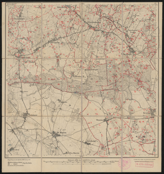drukowana mapa 523 Kordeshagen II - Ujęcie z przodu; Mapę 523 Kordeshagen II opracowano w 1889, a dodrukowano w 1919 roku. Obejmuje obszar w pobliżu miejscowości Kordeshagen, Kreis Köslin, Reg. Bez. Köslin, Prov. Pommern, dziś Dobrzyca, pow. koszaliński, woj. zachodniopomorskie, Polska. Jest jednym z dwóch zachowanych egzemplarzy arkusza przedwojennej mapy topograficznej oznaczonego godłem 523, zawierającym dane o lokalizacji obiektów i ich nazw w zasobie archiwalnym Flurnamen Sammlung. Na drukowanej mapie ręcznie naniesiono warstwę z numeracją obiektów fizjograficznych odnoszących się do miejscowości: Timmenhagen, dziś Tymień; Strachmin, dziś Strachomino; Hohenfelde, dziś Miłogoszcz; Strippow, dziś Strzepowo; Kordeshagen; Varchmin, dziś Wierzchomino; Varchminshagen, dziś Wierzchominko; Falkenburg, dziś Podbórz; Kratzig, dziś Kraśnik Koszaliński; Warnin, dziś Warnino; Schwemmin, dziś Świemino; Parsow, dziś Parsowo.