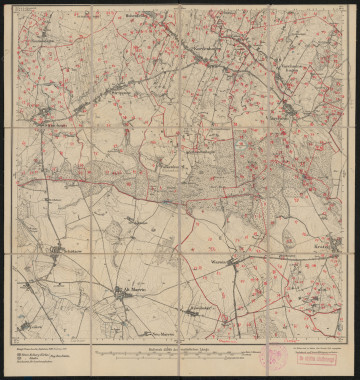 drukowana mapa 523 Kordeshagen II - Ujęcie z przodu; Mapę 523 Kordeshagen II opracowano w 1889, a dodrukowano w 1919 roku. Obejmuje obszar w pobliżu miejscowości Kordeshagen, Kreis Köslin, Reg. Bez. Köslin, Prov. Pommern, dziś Dobrzyca, pow. koszaliński, woj. zachodniopomorskie, Polska. Jest jednym z dwóch zachowanych egzemplarzy arkusza przedwojennej mapy topograficznej oznaczonego godłem 523, zawierającym dane o lokalizacji obiektów i ich nazw w zasobie archiwalnym Flurnamen Sammlung. Na drukowanej mapie ręcznie naniesiono warstwę z numeracją obiektów fizjograficznych odnoszących się do miejscowości: Timmenhagen, dziś Tymień; Strachmin, dziś Strachomino; Hohenfelde, dziś Miłogoszcz; Strippow, dziś Strzepowo; Kordeshagen; Varchmin, dziś Wierzchomino; Varchminshagen, dziś Wierzchominko; Falkenburg, dziś Podbórz; Kratzig, dziś Kraśnik Koszaliński; Warnin, dziś Warnino; Schwemmin, dziś Świemino; Parsow, dziś Parsowo.