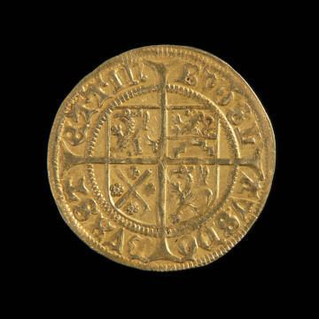 Gulden - Ujęcie awersu. Na awersie na długim krzyżu czteropolowa tarcza herbowa. W perełkowym otoku tytulatura.