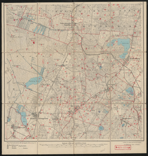 Mapa drukowana 1055 Stolzenburg I - Ujęcie z przodu; Mapę 1055 Stolzenburg I opracowano w 1887, wydano w 1889, a skorygowano w 1911 roku. Obejmuje obszar w pobliżu miejscowości Stolzenburg, Kreis Randow, Reg. Bez. Stettin, Prov. Pommern, dziś Stolec, pow. policki, woj. zachodniopomorskie, Polska. Jest jedynym zachowanym egzemplarzem arkusza przedwojennej mapy topograficznej oznaczonego godłem 1055, zawierającym dane o lokalizacji obiektów i ich nazw w zasobie archiwalnym Flurnamen Sammlung. Na drukowanej mapie ręcznie naniesiono warstwę z numeracją obiektów fizjograficznych odnoszących się do miejscowości: Eggesin, Borken, Stolzenburger Glashütte, Mützelburg, Stolzenburg, Pampow, Dorotheenwalde, Rothenklempenow, Mewegen, Blankensee.