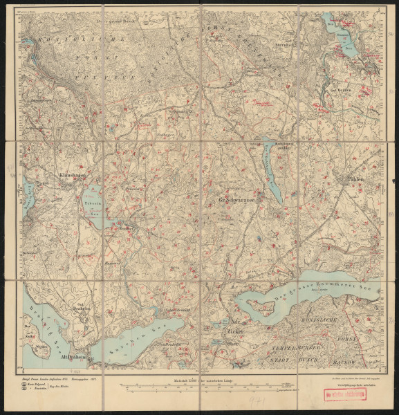 Mapa drukowana 971 Pöhlen I - Ujęcie z przodu; Mapę 971 Pöhlen I opracowano w 1875, a wydano w 1877 roku. Obejmuje obszar w pobliżu miejscowości Pöhlen, Kreis Neustettin, Reg. Bez. Köslin, Prov. Pommern, dziś Polne, pow. szczecinecki, woj. zachodniopomorskie, Polska. Jest jedynym egzemplarzem arkusza przedwojennej mapy topograficznej oznaczonego godłem 971, zawierającym dane o lokalizacji obiektów i ich nazw w zasobie archiwalnym Flurnamen Sammlung. Na drukowanej mapie ręcznie naniesiono warstwę z numeracją obiektów fizjograficznych odnoszących się do miejscowości: Klaushagen, dziś Kluczewo; Westgönne, dziś Stare Gonne; Gr., Kl. Klöpperfier, dziś Chłopowo, Chłopówko; Sternhof, dziś Gwiazdowo; Oerden, dziś Uradz; Prössin, dziś Prosino; Neudorf, dziś Prosinko; Gr. Schwarzsee, dziś Czarne Wielkie; Pöhlen; Alt Draheim, dziś Stare Drawsko; Schneidemühl, dziś Żerdno; Ober, Nieder Zicker, dziś Sikory; Rackow, dziś Rakowo.