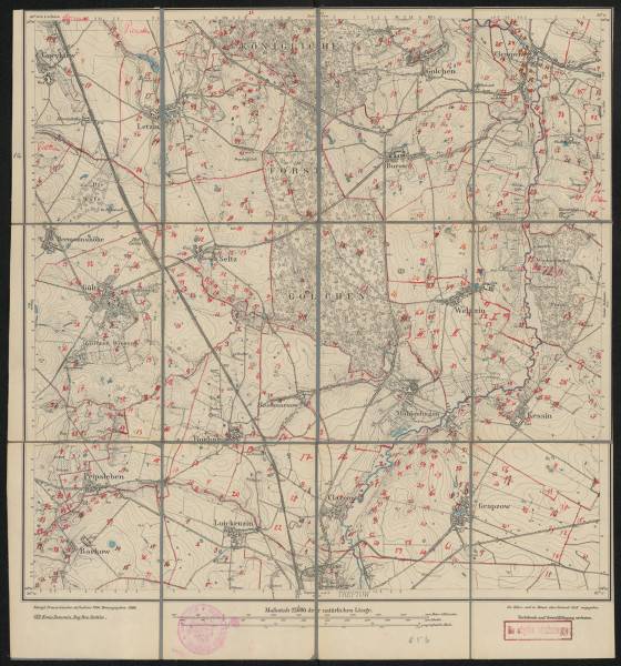 Mapa drukowana Mapę 856 Gültz I - Ujęcie z przodu; Mapę 856 Gültz I opracowano w 1884, a wydano w 1886 roku. Obejmuje obszar w pobliżu miejscowości Gültz, Kreis Demmin, Reg. Bez. Stettin, Prov. Pommern, dziś Kreis Mecklenburgische Seenplatte, Bundesland Mecklenburg-Vorpommern, Niemcy. Jest jedynym zachowanym egzemplarzem arkusza przedwojennej mapy topograficznej oznaczonego godłem 856, zawierającym dane o lokalizacji obiektów i ich nazw w zasobie archiwalnym Flurnamen Sammlung. Na drukowanej mapie ręcznie naniesiono warstwę z numeracją obiektów fizjograficznych odnoszących się do miejscowości: Gnevkow, Prützen, Peezelin, Letzin, Ludwigshöhe, Golchen, Burow, Clempenow, Cölln, Gültz, Seltz, Buchar, Rosemarsow, Mühlenhagen, Weltzin, Wodarge, Kessin, Pripsleben, Barkow, Loickenzin, Clatzow, Treptow a.d. T., Grapzow.