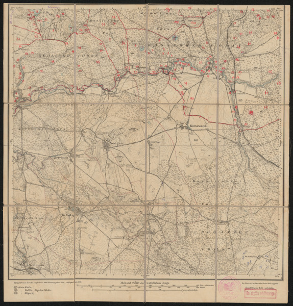 drukowana mapa 608 Seeger II - Ujęcie z przodu; Mapę 608 Seeger II opracowano w 1889, wydano w 1891, a dodrukowano w 1918 roku. Obejmuje obszar w pobliżu miejscowości Seeger, Kreis Bublitz, potem Köslin, Reg. Bez. Köslin, Prov. Pommern, dziś Zegrze Pomorskie, pow. koszaliński, woj. zachodniopomorskie, Polska. Jest jedynym zachowanym egzemplarzem arkusza przedwojennej mapy topograficznej oznaczonego godłem 608, zawierającym dane o lokalizacji obiektów i ich nazw w zasobie archiwalnym Flurnamen Sammlung. Na drukowanej mapie ręcznie naniesiono warstwę z numeracją obiektów fizjograficznych odnoszących się do miejscowości: Streckenthin, dziś Strzekęcino; Schwessin, dziś Świeszyno; Mersin, dziś Mierzym; Zewlin, dziś Cewlino; Rossnow, dziś Rosnowo; Gr. Satspe, dziś Zaspy Wielkie; Pobanz, dziś Pobądz.