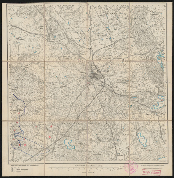 drukowana mapa 696 Bublitz II - Ujęcie z przodu; Mapę 696 Bublitz II opracowano w 1875, wydano w 1877, a dodrukowano w 1906 roku. Obejmuje obszar w pobliżu miejscowości Bublitz, Kreis Bublitz, Reg. Bez. Köslin, Prov. Pommern, dziś Bobolice, pow. koszaliński, woj. zachodniopomorskie, Polska. Jest jednym z czterech zachowanych egzemplarzy arkusza przedwojennej mapy topograficznej oznaczonego godłem 696 (ale inne wydanie), zawierającym dane o lokalizacji obiektów i ich nazw w zasobie archiwalnym Flurnamen Sammlung. Na drukowanej mapie ręcznie naniesiono warstwę z numeracją obiektów fizjograficznych odnoszących się do miejscowości: Hopfenberg, dziś Chmielno; Neuhütten, dziś Nowe Łozice.