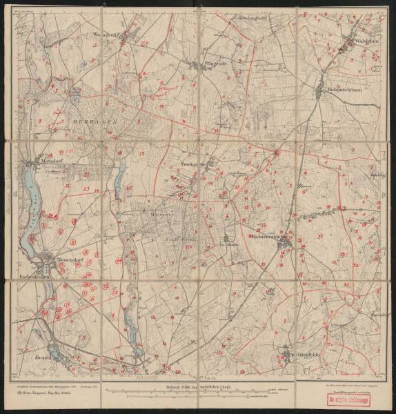 Mapa drukowana 1060 Eichenwalde I - Ujęcie z przodu; Mapę 1060 Eichenwalde I opracowano w 1890, wydano w 1892, a dodrukowano w 1919 roku. Obejmuje obszar w pobliżu miejscowości Eichenwalde, Kreis Naugard, Reg. Bez. Stettin, Prov. Pommern, dziś Dębice, pow. goleniowski, woj. zachodniopomorskie, Polska. Jest jedynym zachowanym egzemplarzem arkusza przedwojennej mapy topograficznej oznaczonego godłem 1060, zawierającym dane o lokalizacji obiektów i ich nazw w zasobie archiwalnym Flurnamen Sammlung. Na drukowanej mapie ręcznie naniesiono warstwę z numeracją obiektów fizjograficznych odnoszących się do miejscowości: Schönhagen, dziś Osina; Wangeritz, dziś Węgorzyce; Pflugrade, dziś Redło; Walsleben, dziś Korytowo; Hohenschönau, dziś Jenikowo; Matzdorf, dziś Maciejewo; Neuendorf, dziś Jarosławki; Freiheide, dziś Godowo; Neu Massow, dziś Maszewko; Eichenwalde, dziś Dębice; Pagenkopf, dziś Bagna; Resehl, dziś Radzanek; Massow, dziś Maszewo; Wittenfelde, dziś Bielice; Harmelsdorf, dziś Nastazin; Falkenberg, dziś Sokolniki
