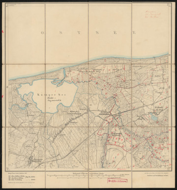 drukowana mapa 520 Langenhagen I - Ujęcie z przodu; Mapę 520 Langenhagen I opracowano w 1889, a dodrukowano w 1924 roku. Obejmuje obszar w pobliżu miejscowości Langenhagen, Kreis Greifenberg, Reg. Bez. Stettin, Prov. Pommern, dziś Karcino, pow. gryficki, woj. zachodniopomorskie, Polska. Jest jedynym zachowanym egzemplarzem arkusza przedwojennej mapy topograficznej oznaczonego godłem 520, zawierającym dane o lokalizacji obiektów i ich nazw w zasobie archiwalnym Flurnamen Sammlung. Na drukowanej mapie ręcznie naniesiono warstwę z numeracją obiektów fizjograficznych odnoszących się do miejscowości: Kolberger Deep, dziś Dźwirzyno; Gribow, dziś Grzybowo; Alt, Neu Bork, dziś Stary, Nowy Borek; Naugard, dziś Nowogardek; Prettmin, dziś Przećmino; Drenow, dziś Drzonowo.