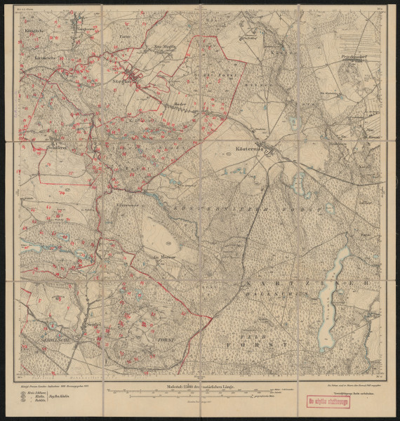 drukowana mapa 526 Kösternitz I - Ujęcie z przodu; Mapę 526 Kösternitz I opracowano w 1889, a wydano w 1891 roku. Obejmuje obszar w pobliżu miejscowości Kösternitz, Kreis Köslin, Reg. Bez. Köslin, Prov. Pommern, dziś Kościernica, pow. koszaliński, woj. zachodniopomorskie, Polska. Jest jednym z dwóch zachowanych egzemplarzy arkusza przedwojennej mapy topograficznej oznaczonego godłem 526, zawierającym dane o lokalizacji obiektów i ich nazw w zasobie archiwalnym Flurnamen Sammlung. Na drukowanej mapie ręcznie naniesiono warstwę z numeracją obiektów fizjograficznych odnoszących się do miejscowości: Vangerow, dziś Węgorzewo Koszalińskie; Steglin, dziś Szczeglino; Eckerndauss, dziś Policko; Mocker, dziś Mokre; Schäferei, dziś Dęborogi; Wisbuhr, dziś Wyszebórz; Seidel, dziś Wyszewo.