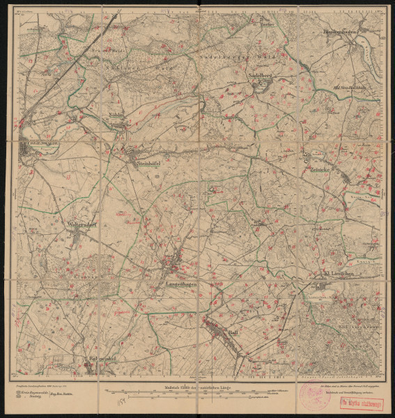 Mapa drukowana 1154 Freienwalde II - Ujęcie z przodu; Mapę 1154 Freienwalde II opracowano i wydano w 1890, a dodrukowano w 1919 roku. Obejmuje obszar w pobliżu miejscowości Freienwalde, Kreis Saatzig, Reg. Bez. Stettin, Prov. Pommern, dziś Chociwel, pow. stargardzki, woj. zachodniopomorskie, Polska. Jest jedynym zachowanym egzemplarzem arkusza przedwojennej mapy topograficznej oznaczonego godłem 1154, zawierającym dane o lokalizacji obiektów i ich nazw w zasobie archiwalnym Flurnamen Sammlung. Na drukowanej mapie ręcznie naniesiono warstwę z numeracją obiektów fizjograficznych odnoszących się do miejscowości: Freienwalde; Nöblin, dziś Lublino; Vehlingsdorf, dziś Wieleń Pomorski; Sadelberg, dziś Sątyrz (Sadlno); Woltersdorf, dziś Starzyn; Steinhöfel, dziś Kamienny Most; Langenhagen, dziś Długie; Zeinicke, dziś Ścienne; Kl. Lienichen, dziś Linówko; Rehwinkel, dziś Lutkowo; Ball, dziś Biała.