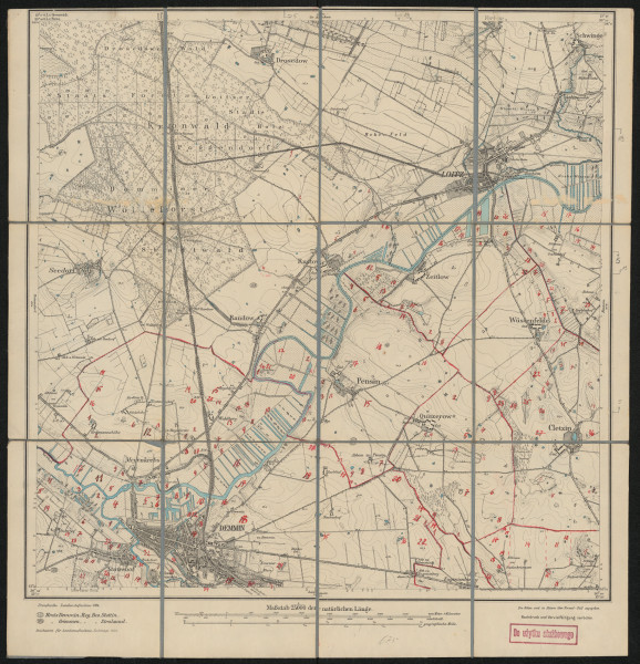 drukowana mapa 675 Demmin I - Ujęcie z przodu; Mapę 675 Demmin I opracowano i wydano w 1884, a dodrukowano w 1924 roku. Obejmuje obszar w pobliżu miejscowości Demmin, Kreis Demmin, Reg. Bez. Stettin, Prov. Pommern, dziś Kreis Mecklenburgische Seenplatte, Bundesland Mecklenburg-Vorpommern, Niemcy. Jest jedynym zachowanym egzemplarzem arkusza przedwojennej mapy topograficznej oznaczonego godłem 675, zawierającym dane o lokalizacji obiektów i ich nazw w zasobie archiwalnym Flurnamen Sammlung. Na drukowanej mapie ręcznie naniesiono warstwę z numeracją obiektów fizjograficznych odnoszących się do miejscowości: Zeitlow, Pensin, Quitzerow, Wüstenfelde, Cletzin, Demmin, Siedenbrünzow.