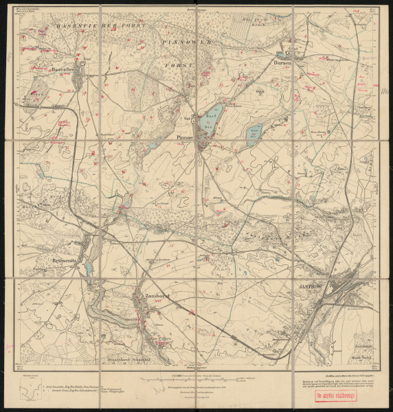 Mapa drukowana 1162 Jastrow I - Ujęcie z przodu; Mapę 1162 Jastrow I opracowano i wydano w 1878, a dodrukowano w 1929 roku. Obejmuje obszar w pobliżu miejscowości Jastrow, Kreis Deutsch Krone, Reg. Bez. Schneidemühl, Prov. Grenzmark Posen-Westpreußen, dziś Jastrowie, pow. złotowski, woj. wielkopolskie, Polska. Jest jedynym zachowanym egzemplarzem arkusza przedwojennej mapy topograficznej oznaczonego godłem 1162, zawierającym dane o lokalizacji obiektów i ich nazw w zasobie archiwalnym Flurnamen Sammlung. Na drukowanej mapie ręcznie naniesiono warstwę z numeracją obiektów fizjograficznych odnoszących się do miejscowości: Hasenfier, dziś Ciosaniec; Pinnow, dziś Pniewo; Burzen, dziś Borucino; Zamborst, dziś Samborsko.