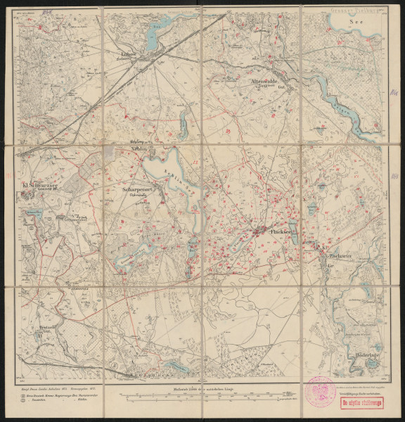 Mapa drukowana 1068 Neblin II - Ujęcie z przodu; Mapę 1068 Neblin II opracowano w 1875, a wydano w 1877 roku. Obejmuje obszar w pobliżu miejscowości Neblin, Kreis Neustettin, Reg. Bez. Köslin, Prov. Pommern, dziś Nobliny, pow. szczecinecki, woj. zachodniopomorskie, Polska. Jest jednym z dwóch zachowanych egzemplarzy arkusza przedwojennej mapy topograficznej oznaczonego godłem 1068, zawierającym dane o lokalizacji obiektów i ich nazw w zasobie archiwalnym Flurnamen Sammlung. Na drukowanej mapie ręcznie naniesiono warstwę z numeracją obiektów fizjograficznych odnoszących się do miejscowości: Rackow, dziś Rakowo; Altenwalde, dziś Liszkowo; Neblin; Kl. Schwarzsee, dziś Czarne Małe; Scharpenort, dziś Ostroróg; Flacksee, dziś Jeziorna; Gr., Kl. Zacharin, dziś Czochryń.
