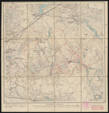 Mapa drukowana 1068 Neblin II - Ujęcie z przodu; Mapę 1068 Neblin II opracowano w 1875, a wydano w 1877 roku. Obejmuje obszar w pobliżu miejscowości Neblin, Kreis Neustettin, Reg. Bez. Köslin, Prov. Pommern, dziś Nobliny, pow. szczecinecki, woj. zachodniopomorskie, Polska. Jest jednym z dwóch zachowanych egzemplarzy arkusza przedwojennej mapy topograficznej oznaczonego godłem 1068, zawierającym dane o lokalizacji obiektów i ich nazw w zasobie archiwalnym Flurnamen Sammlung. Na drukowanej mapie ręcznie naniesiono warstwę z numeracją obiektów fizjograficznych odnoszących się do miejscowości: Rackow, dziś Rakowo; Altenwalde, dziś Liszkowo; Neblin; Kl. Schwarzsee, dziś Czarne Małe; Scharpenort, dziś Ostroróg; Flacksee, dziś Jeziorna; Gr., Kl. Zacharin, dziś Czochryń.