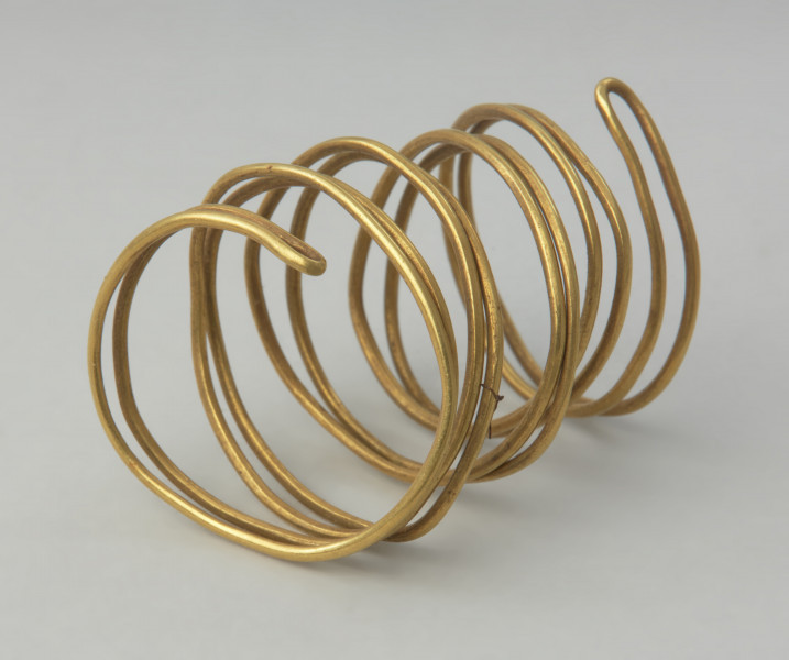 Pięciozwojowa spirala ze złorego drutu. - Ujęcie spirali w poziomie. Złota spirala z pięcioma zwojami z podwójnego drutu.