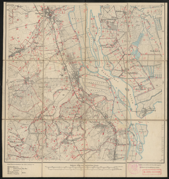 Mapa drukowana 1057 Pölitz III - Ujęcie z przodu; Mapę 1057 Pölitz III opracowano i wydano w 1886, a dodrukowano w 1921 roku. Obejmuje obszar w pobliżu miejscowości Pölitz, Kreis Randow, Reg. Bez. Stettin, Prov. Pommern, dziś Police, pow. policki, woj. zachodniopomorskie, Polska. Jest jedynym zachowanym egzemplarzem arkusza przedwojennej mapy topograficznej oznaczonego godłem 1057, zawierającym dane o lokalizacji obiektów i ich nazw w zasobie archiwalnym Flurnamen Sammlung. Na drukowanej mapie ręcznie naniesiono warstwę z numeracją obiektów fizjograficznych odnoszących się do miejscowości: Hagen, dziś Tatynia; Jasenitz, dziś Jasienica (część Polic); Duchow, dziś Duchowo (część Polic); Schwankenheim, dziś Kiełpinica; Schwabach, dziś Raduń; Wolfshorst, dziś Jedliny; Trestin, dziś Trzeszczyn; Pölitz; Zedlitzfelde, dziś Siedlice; Messenthin, dziś Mścięcino; Langenberg, dziś Święta; Hohen Leese, dziś Leśno Górne; Neuendorf, dziś Przęsocin; Scholwin, dziś Skolwin (część Szczecina); Kavelwisch, dziś Babin (część Szczecina).